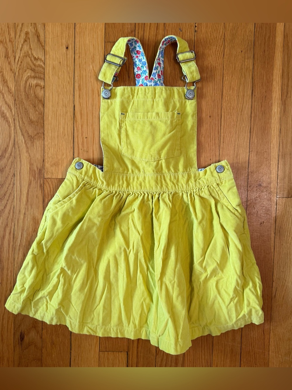 Mini Boden Girls Overall Corduroy Dress with flower print lining in size 5-6